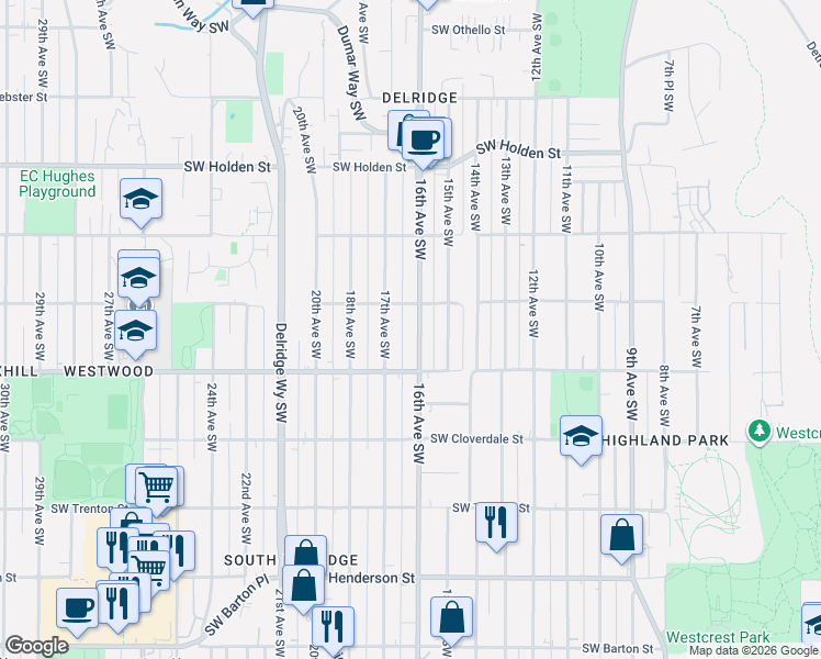 map of restaurants, bars, coffee shops, grocery stores, and more near 8136 16th Avenue Southwest in Seattle