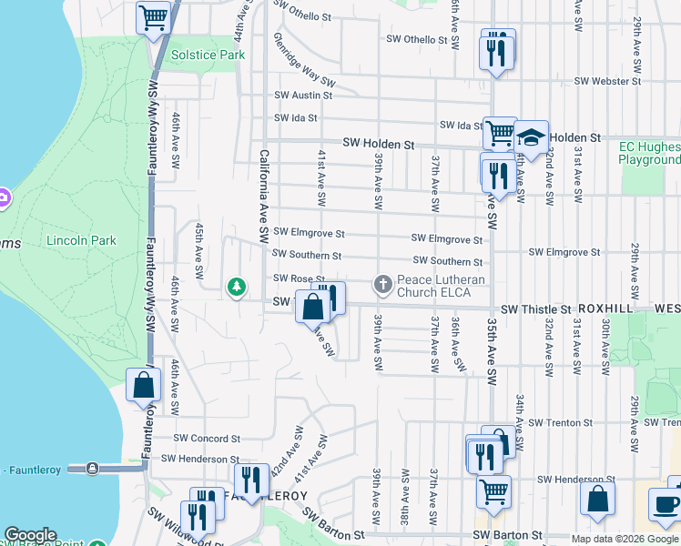 map of restaurants, bars, coffee shops, grocery stores, and more near 3931 Southwest Rose Street in Seattle