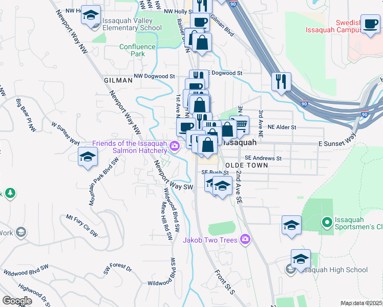 map of restaurants, bars, coffee shops, grocery stores, and more near 75 Front Street South in Issaquah