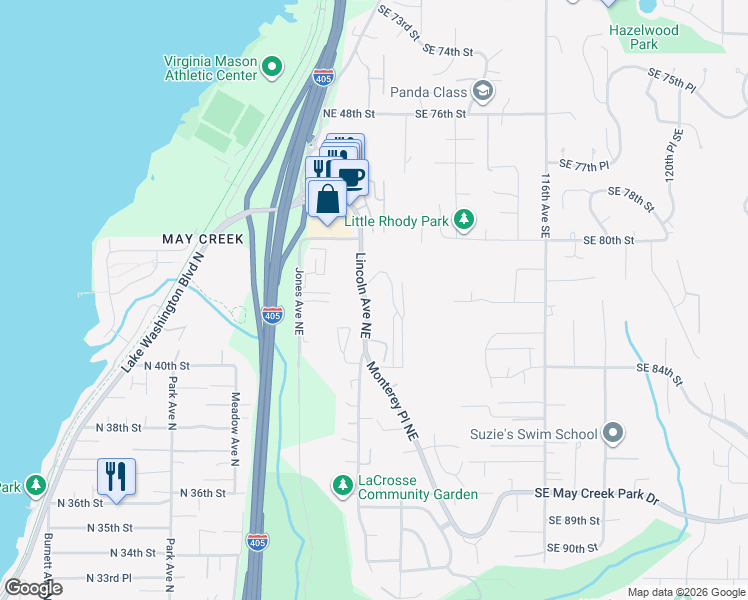 map of restaurants, bars, coffee shops, grocery stores, and more near 4124 Lincoln Avenue Northeast in Renton