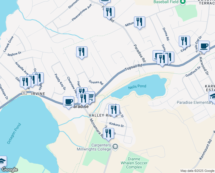 map of restaurants, bars, coffee shops, grocery stores, and more near 1591 Topsail Road in Paradise