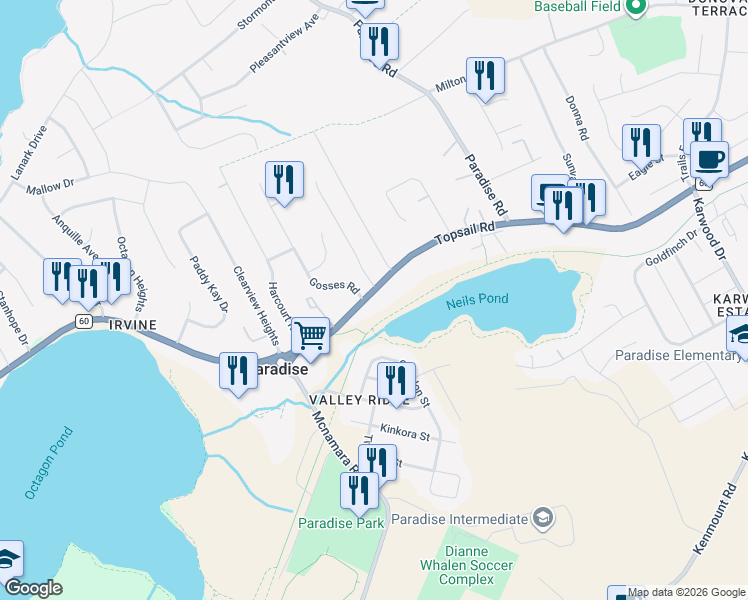 map of restaurants, bars, coffee shops, grocery stores, and more near 1603 Newfoundland and Labrador 60 in Paradise