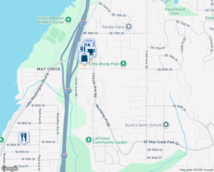 map of restaurants, bars, coffee shops, grocery stores, and more near 4130 Lincoln Avenue Northeast in Renton