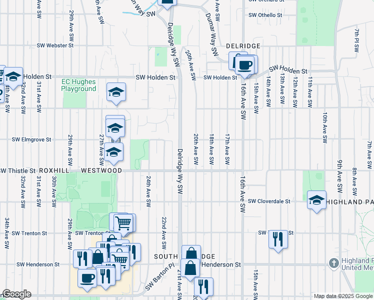 map of restaurants, bars, coffee shops, grocery stores, and more near 8131 20th Avenue Southwest in Seattle