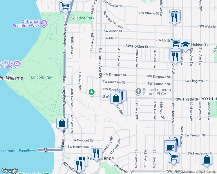 map of restaurants, bars, coffee shops, grocery stores, and more near 4139 Southwest Rose Street in Seattle