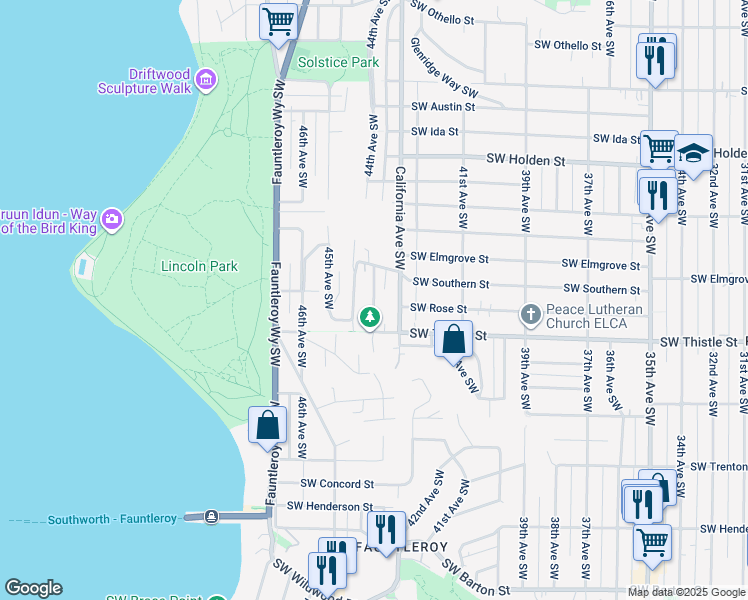 map of restaurants, bars, coffee shops, grocery stores, and more near 8309 California Avenue Southwest in Seattle