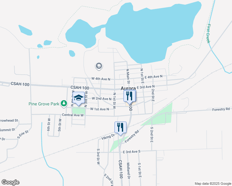 map of restaurants, bars, coffee shops, grocery stores, and more near 104 West 2nd Avenue North in Aurora