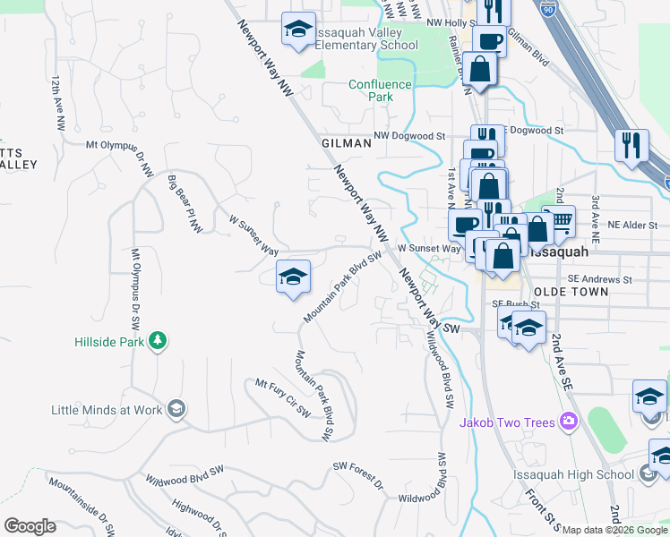 map of restaurants, bars, coffee shops, grocery stores, and more near 206 Mount Park Boulevard Southwest in Issaquah