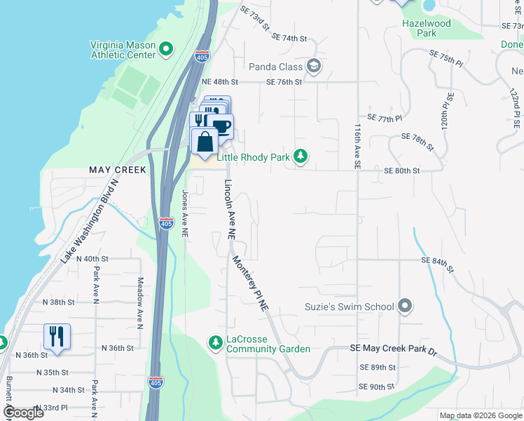 map of restaurants, bars, coffee shops, grocery stores, and more near 4130 Lincoln Avenue Northeast in Renton