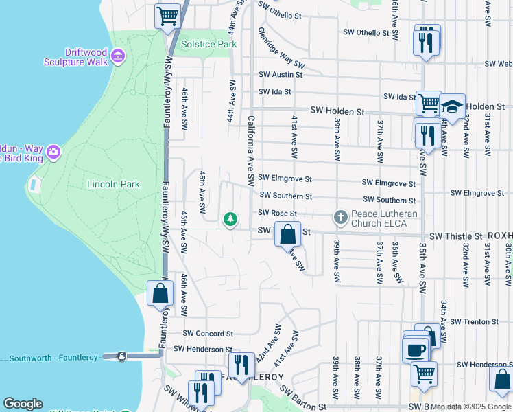 map of restaurants, bars, coffee shops, grocery stores, and more near 8216 California Avenue Southwest in Seattle