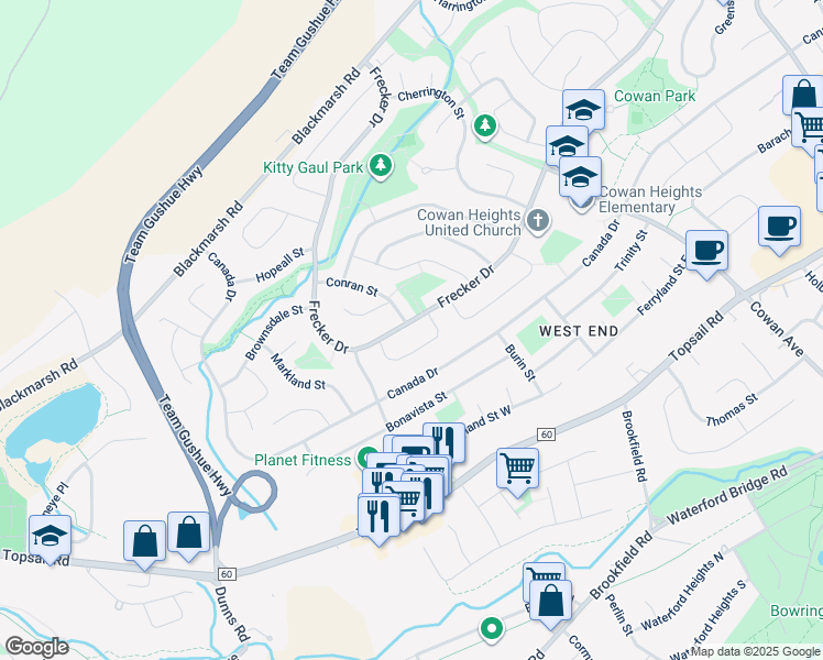 map of restaurants, bars, coffee shops, grocery stores, and more near 191 Frecker Drive in St. John's