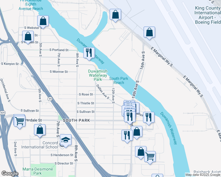 map of restaurants, bars, coffee shops, grocery stores, and more near 1057 South Rose Street in Seattle