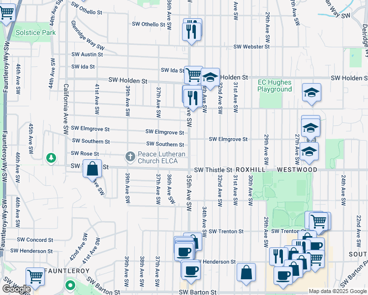 map of restaurants, bars, coffee shops, grocery stores, and more near 3517 Southwest Rose Street in Seattle