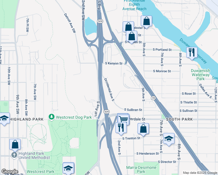 map of restaurants, bars, coffee shops, grocery stores, and more near Occidental Avenue South in Seattle