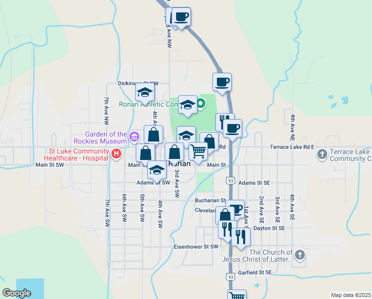 map of restaurants, bars, coffee shops, grocery stores, and more near 223 Round Butte Road in Ronan