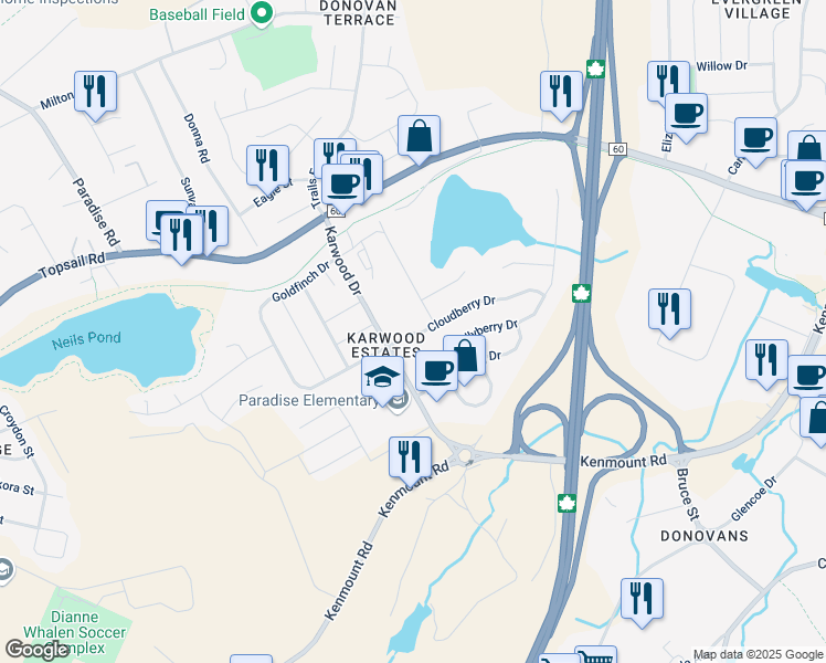map of restaurants, bars, coffee shops, grocery stores, and more near Cloudberry Drive in Paradise