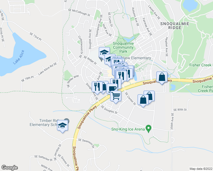 map of restaurants, bars, coffee shops, grocery stores, and more near 34907 Southeast Kinsey Street in Snoqualmie
