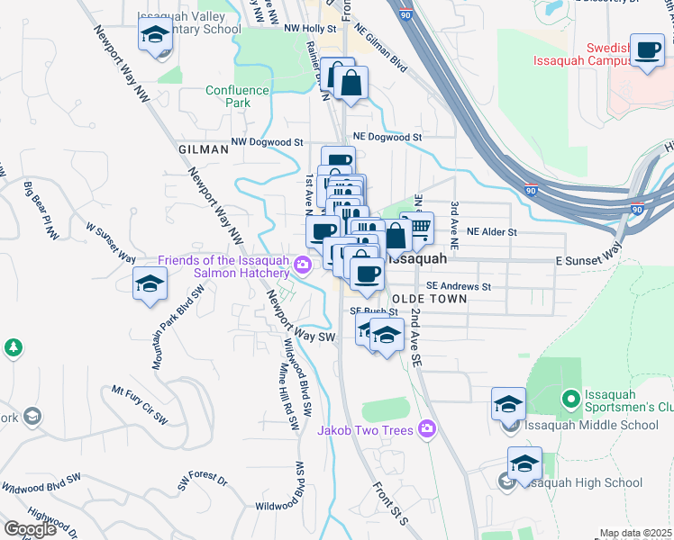 map of restaurants, bars, coffee shops, grocery stores, and more near 124 Front Street South in Issaquah