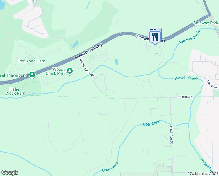 map of restaurants, bars, coffee shops, grocery stores, and more near 37020 Southeast Gala Court in Snoqualmie