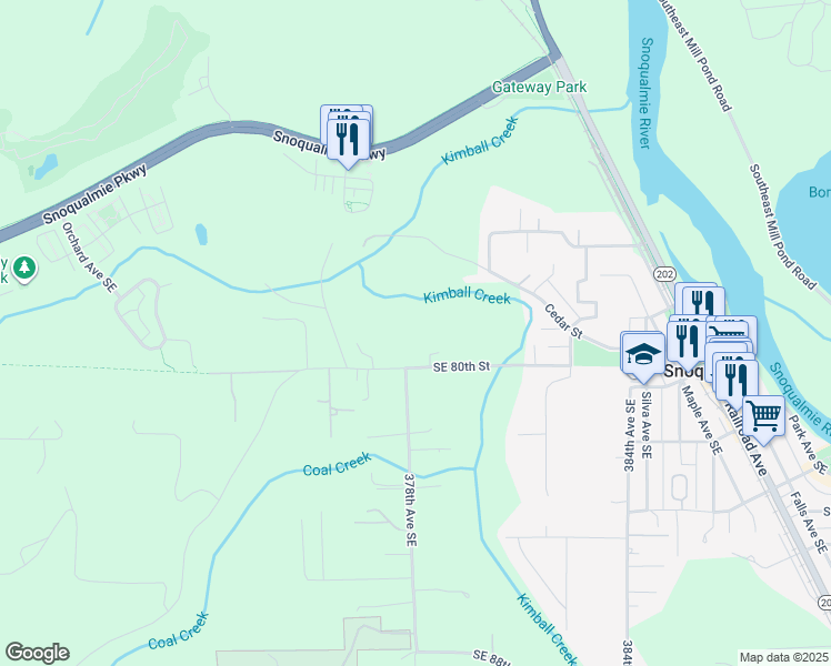 map of restaurants, bars, coffee shops, grocery stores, and more near 37724 Southeast 80th Street in Snoqualmie