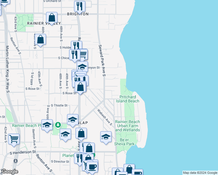 map of restaurants, bars, coffee shops, grocery stores, and more near 5311 South Budd Court in Seattle