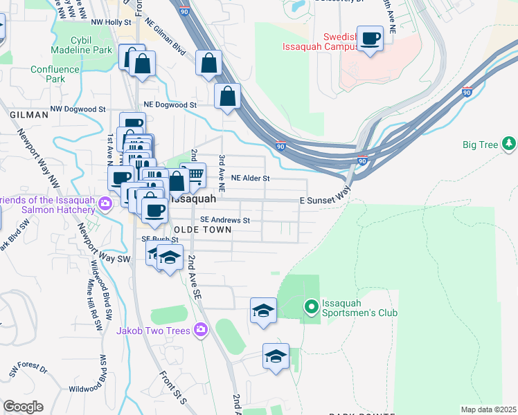 map of restaurants, bars, coffee shops, grocery stores, and more near 445 Southeast Andrews Street in Issaquah