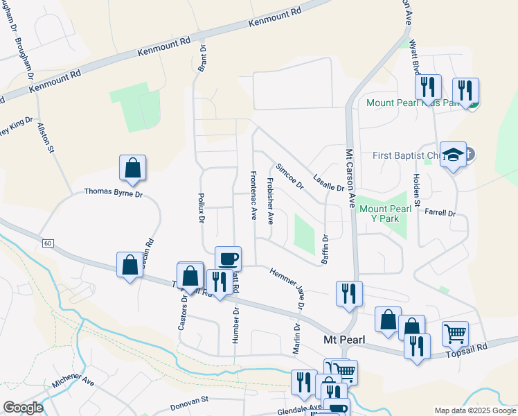 map of restaurants, bars, coffee shops, grocery stores, and more near 32 Frontenac Avenue in Mount Pearl