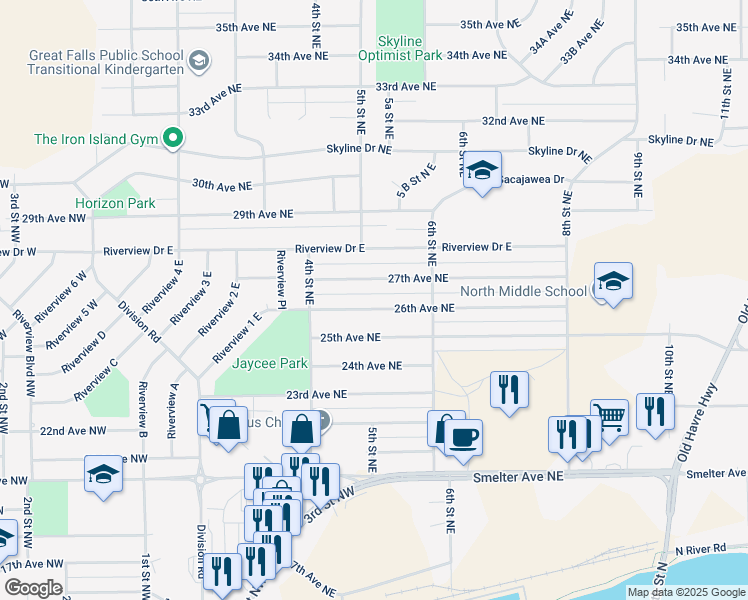 map of restaurants, bars, coffee shops, grocery stores, and more near 501 27th Avenue Northeast in Great Falls
