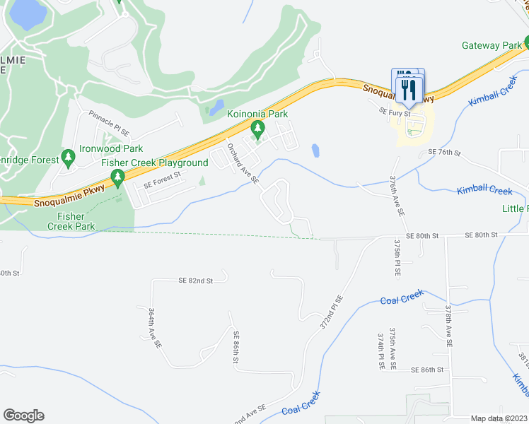 map of restaurants, bars, coffee shops, grocery stores, and more near 7825 Cortland Avenue Southeast in Snoqualmie