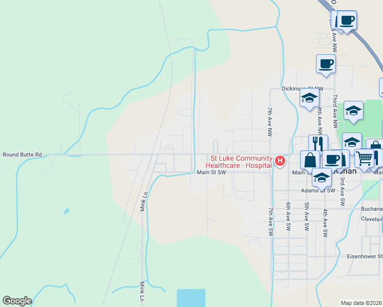 map of restaurants, bars, coffee shops, grocery stores, and more near 2 11th Avenue Northwest in Ronan