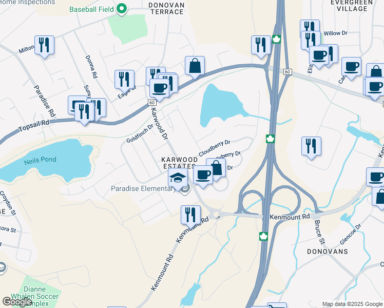 map of restaurants, bars, coffee shops, grocery stores, and more near 11 Cloudberry Drive in Paradise