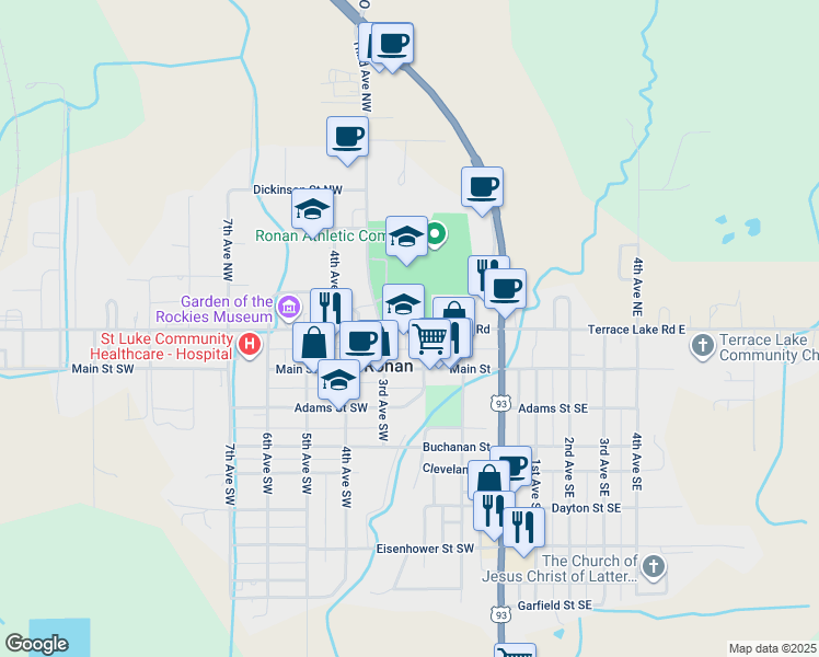 map of restaurants, bars, coffee shops, grocery stores, and more near 223 Round Butte Road West in Ronan