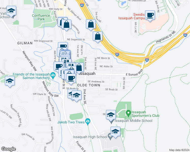 map of restaurants, bars, coffee shops, grocery stores, and more near 60 3rd Avenue Northeast in Issaquah