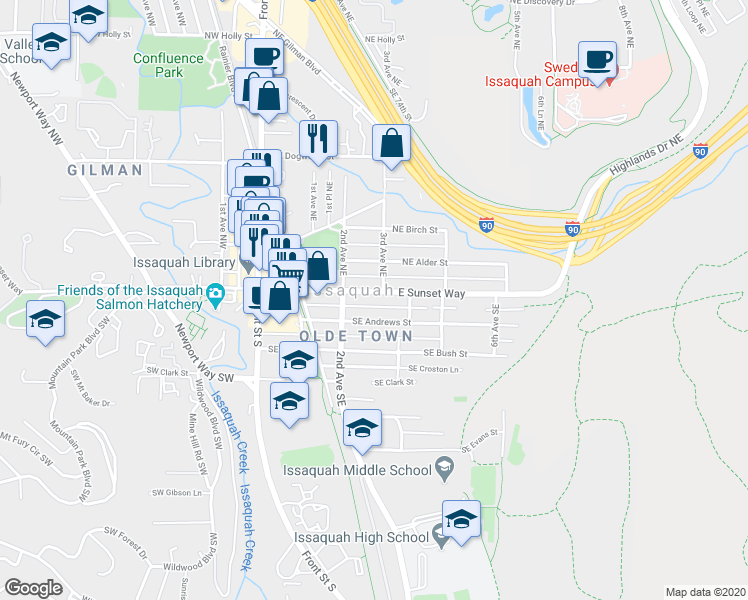 map of restaurants, bars, coffee shops, grocery stores, and more near 60 3rd Avenue Northeast in Issaquah