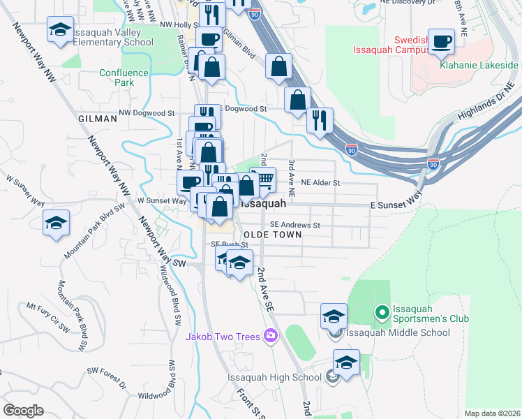 map of restaurants, bars, coffee shops, grocery stores, and more near in Issaquah