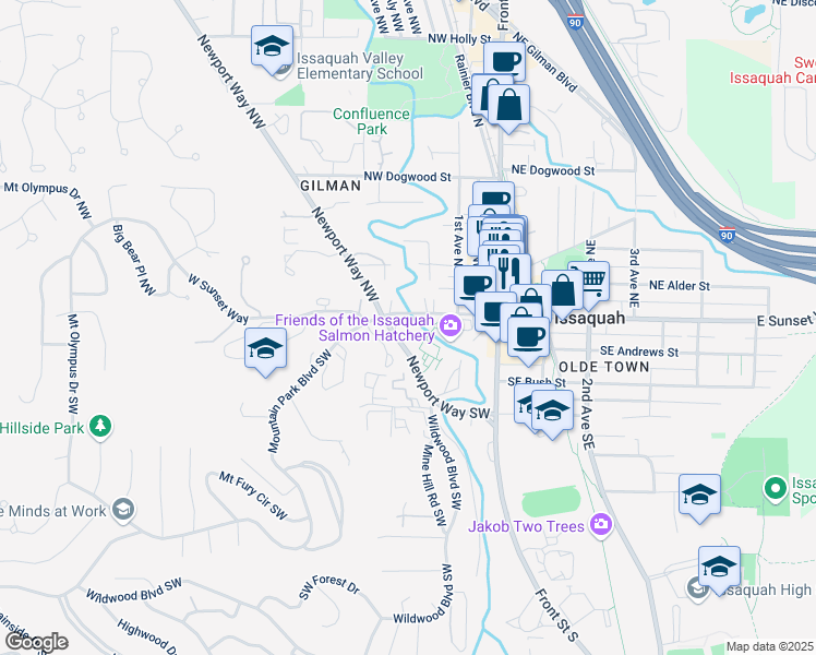 map of restaurants, bars, coffee shops, grocery stores, and more near 140 West Sunset Way in Issaquah