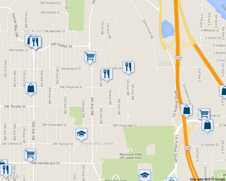 map of restaurants, bars, coffee shops, grocery stores, and more near 7951 7th Avenue Southwest in Seattle