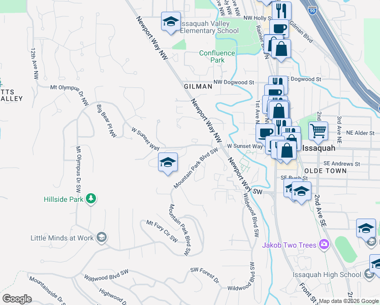 map of restaurants, bars, coffee shops, grocery stores, and more near 210 Mountain Park Boulevard SouthWest in Issaquah