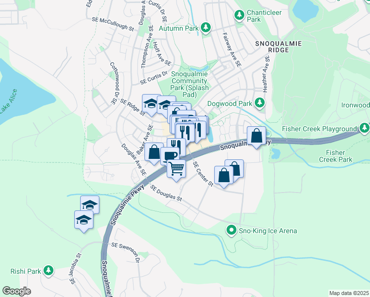 map of restaurants, bars, coffee shops, grocery stores, and more near 7718 Center Boulevard Southeast in Snoqualmie