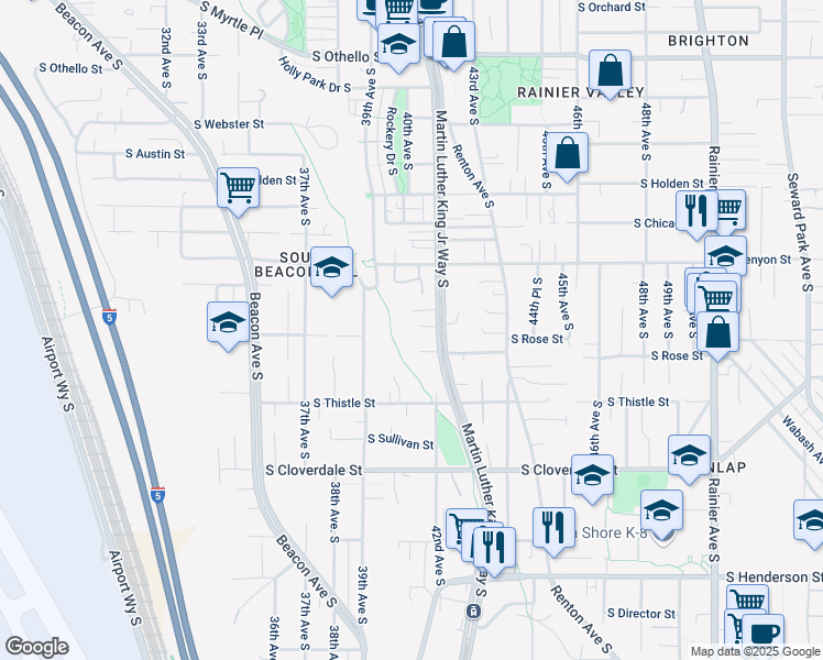 map of restaurants, bars, coffee shops, grocery stores, and more near 3945 South Elmgrove Street in Seattle