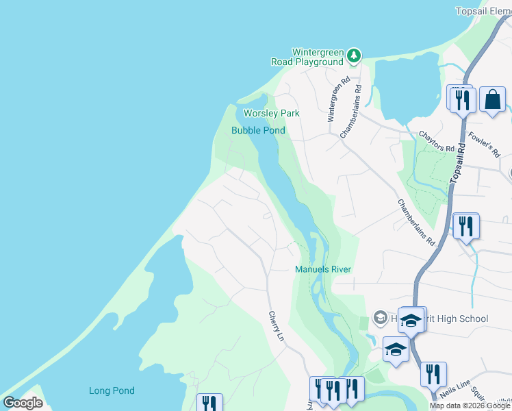 map of restaurants, bars, coffee shops, grocery stores, and more near 49 Flats Road in Conception Bay South