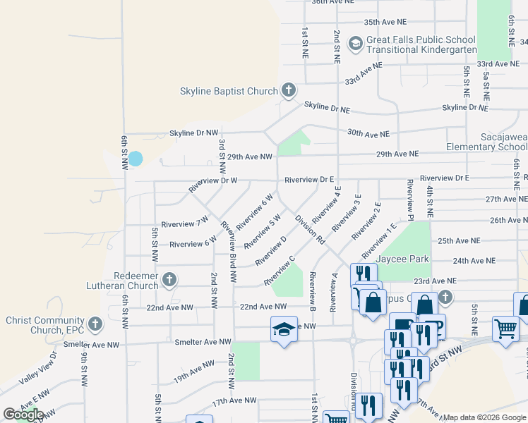 map of restaurants, bars, coffee shops, grocery stores, and more near 112 Riverview 6 West in Great Falls