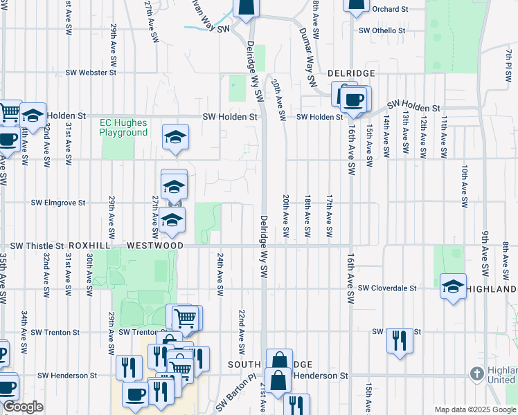 map of restaurants, bars, coffee shops, grocery stores, and more near 7945 Delridge Way Southwest in Seattle