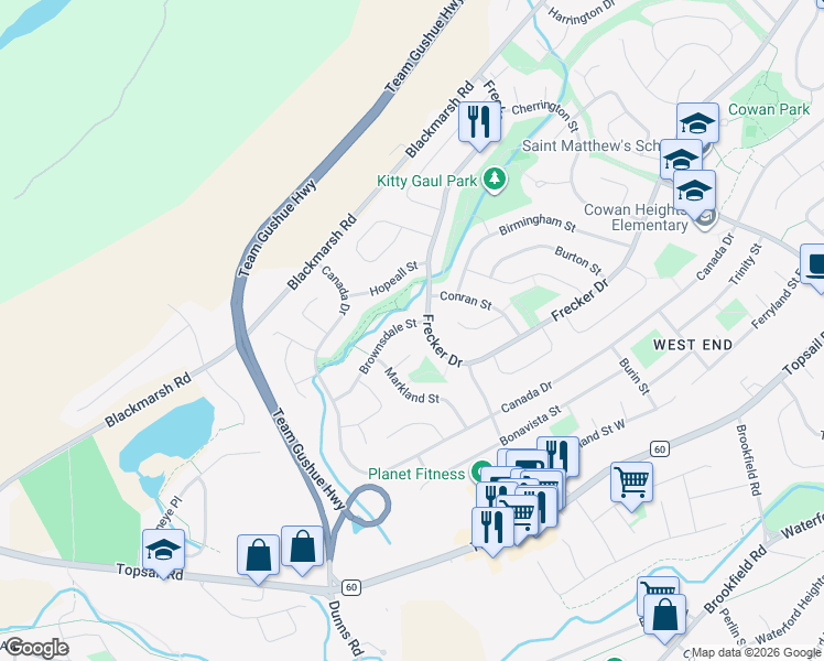 map of restaurants, bars, coffee shops, grocery stores, and more near 58 Brownsdale Street in St. John's
