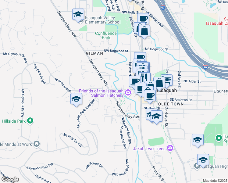map of restaurants, bars, coffee shops, grocery stores, and more near 140 West Sunset Way in Issaquah