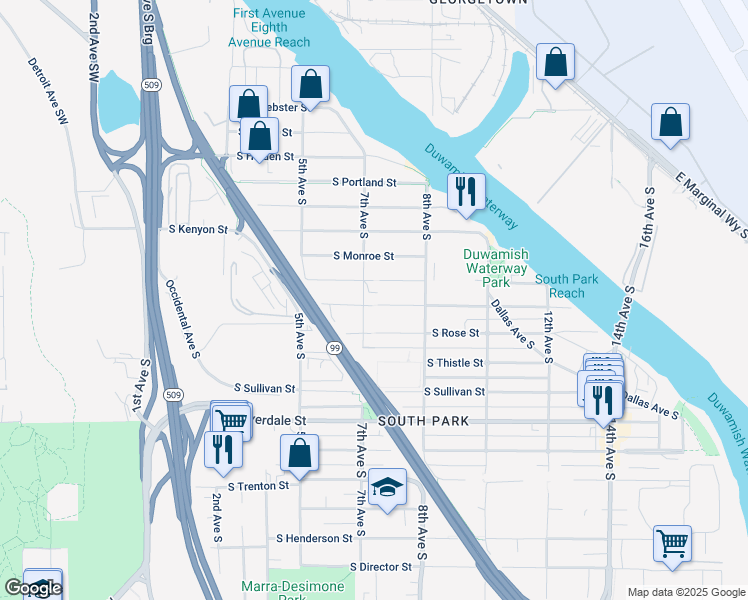 map of restaurants, bars, coffee shops, grocery stores, and more near 8110 7th Avenue South in Seattle