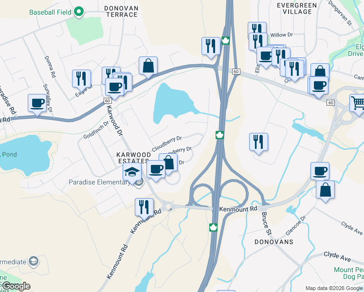 map of restaurants, bars, coffee shops, grocery stores, and more near 37 Hollyberry Drive in Paradise