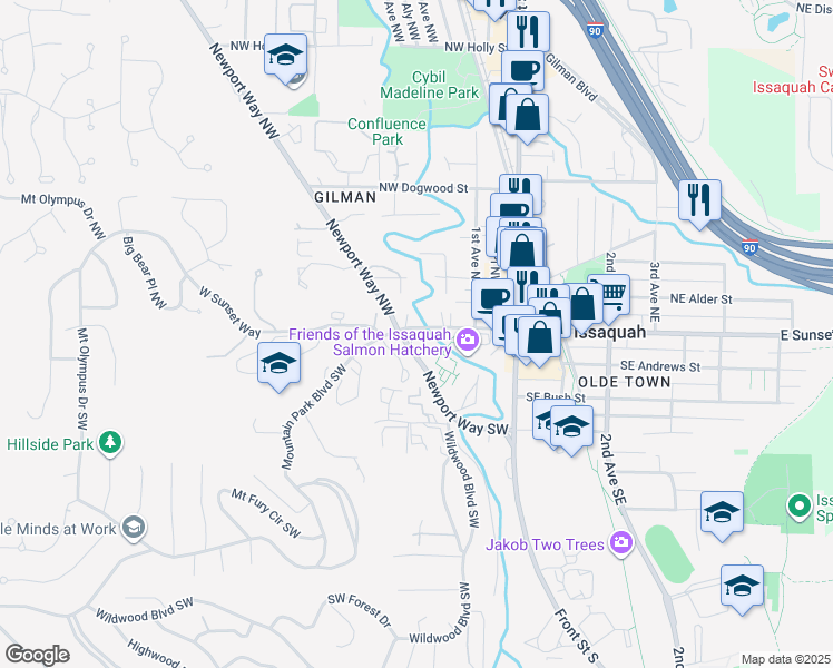 map of restaurants, bars, coffee shops, grocery stores, and more near 140 West Sunset Way in Issaquah