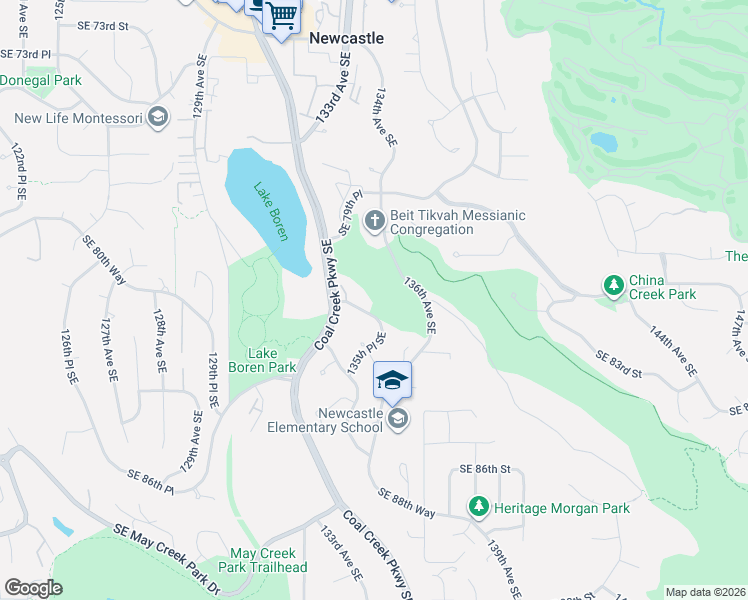 map of restaurants, bars, coffee shops, grocery stores, and more near 8110 134th Court Southeast in Newcastle