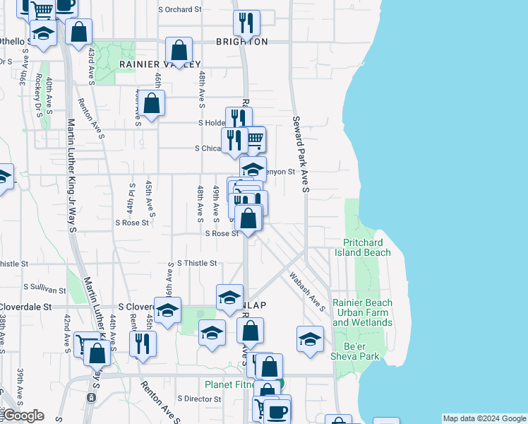 map of restaurants, bars, coffee shops, grocery stores, and more near 8190 Rainier Avenue South in Seattle